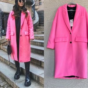 ZARA NWT BLOGGER FAVE Barbie Hot Pink Wool Coat Oversized Long Wool Trench Coat